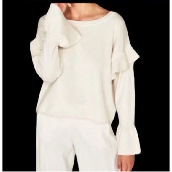 Zara Cream Flounce Sweater Bell Cuffs Ruffle Shoulder Size L - Picture 1 of 12